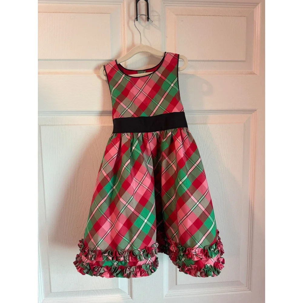 OshKosh B'gosh Holiday Dress Toddler 3T Red Green Plaid Ruffle Satin Sash 5443
